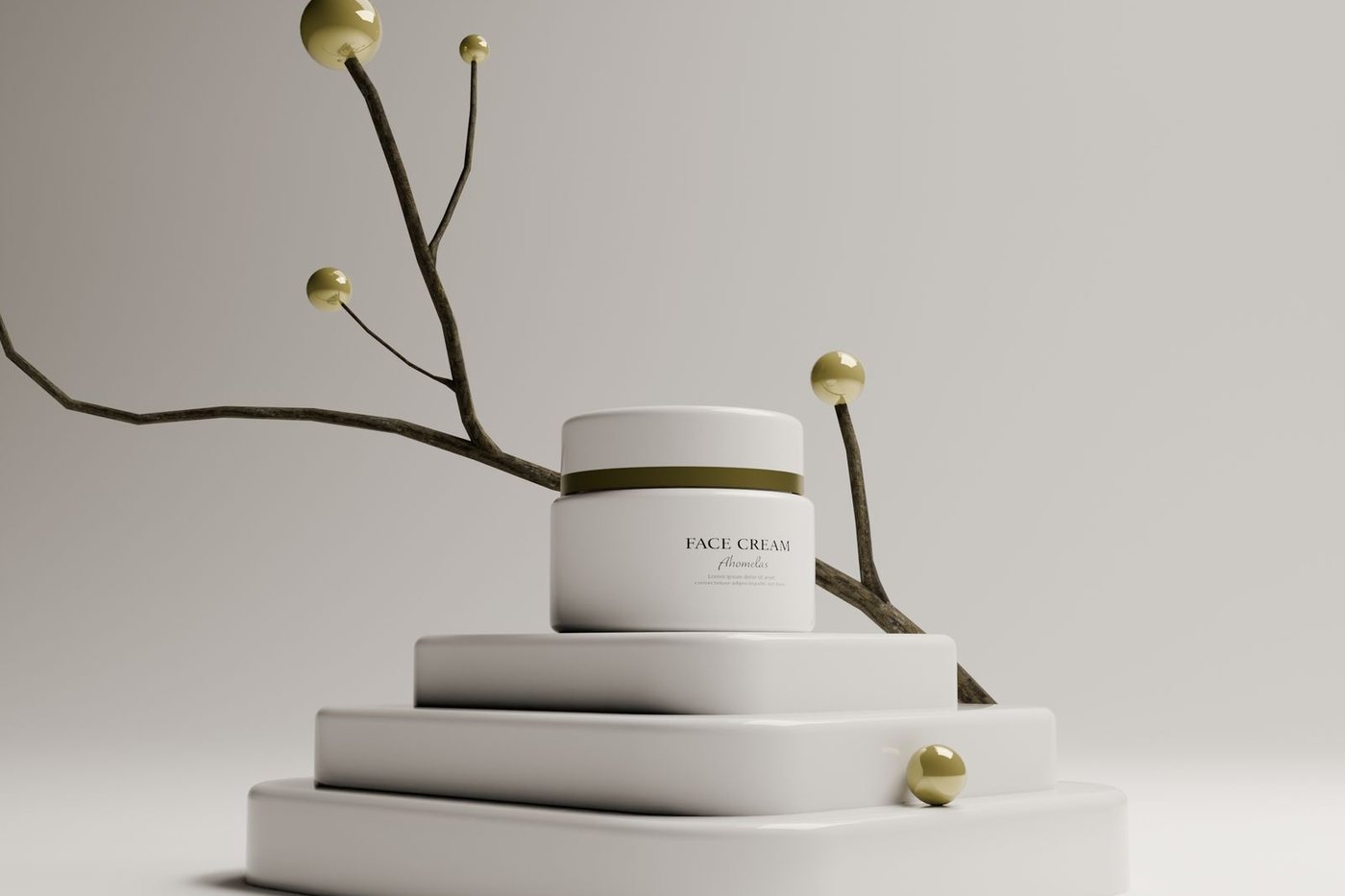 An elegant white face cream jar displayed on tiered minimalist pedestals beside a decorative branch with gold spheres.