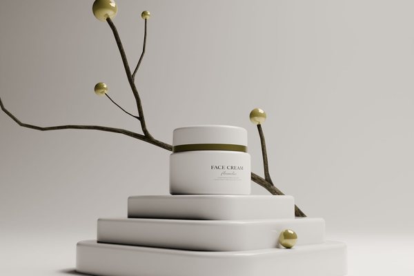 An elegant white face cream jar displayed on tiered minimalist pedestals beside a decorative branch with gold spheres.
